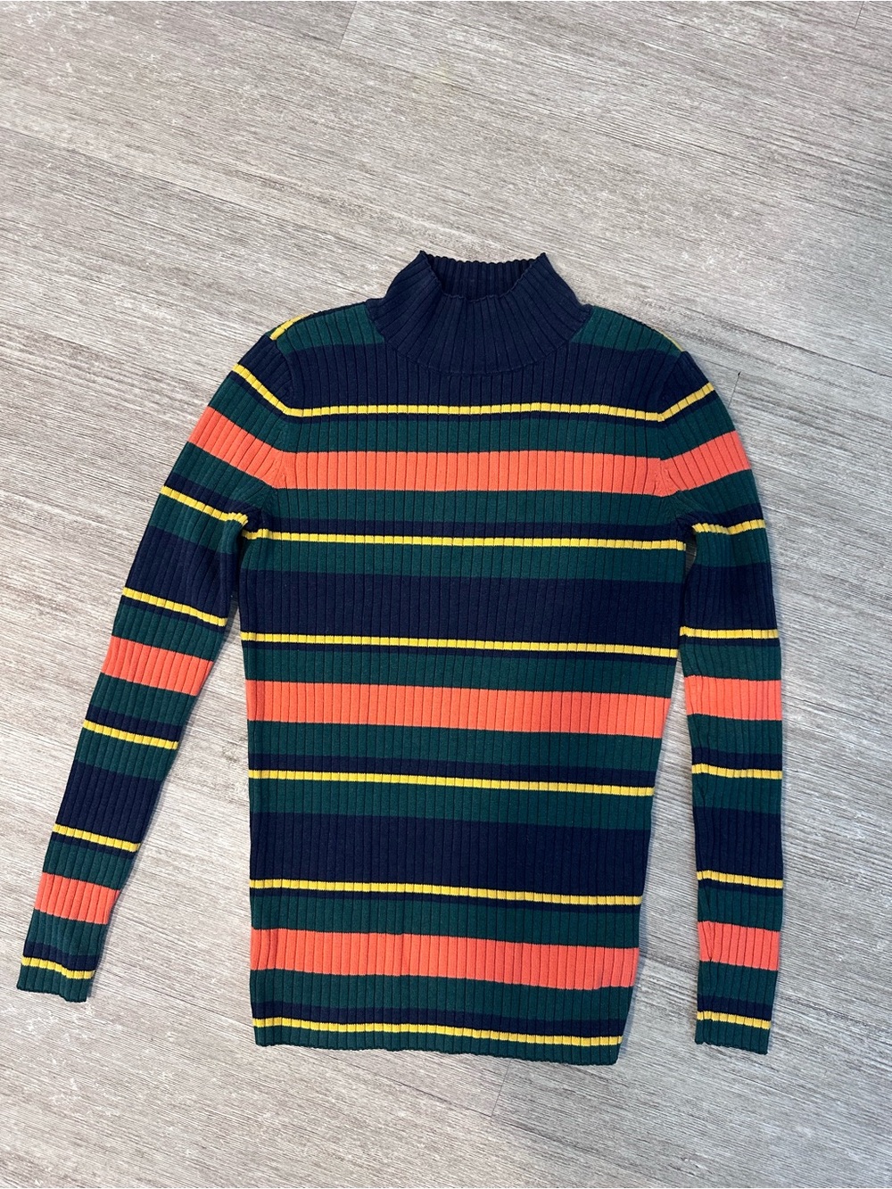 Nautica Womenโs Ribbed Striped Mock Neck Sweater Navy Green Orange